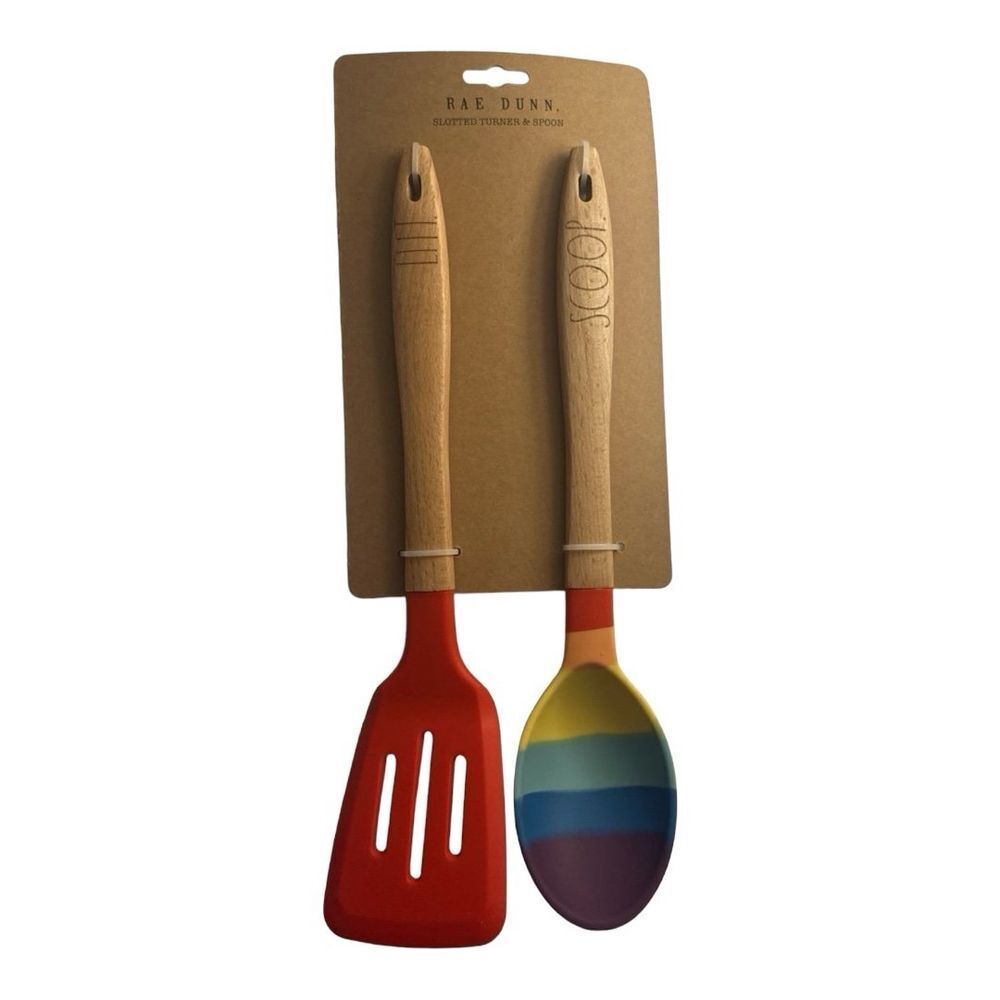 Rae Dunn Slotted‎ Turner & Scoop Spoon Set Wood Handle Kitchen Utensils
